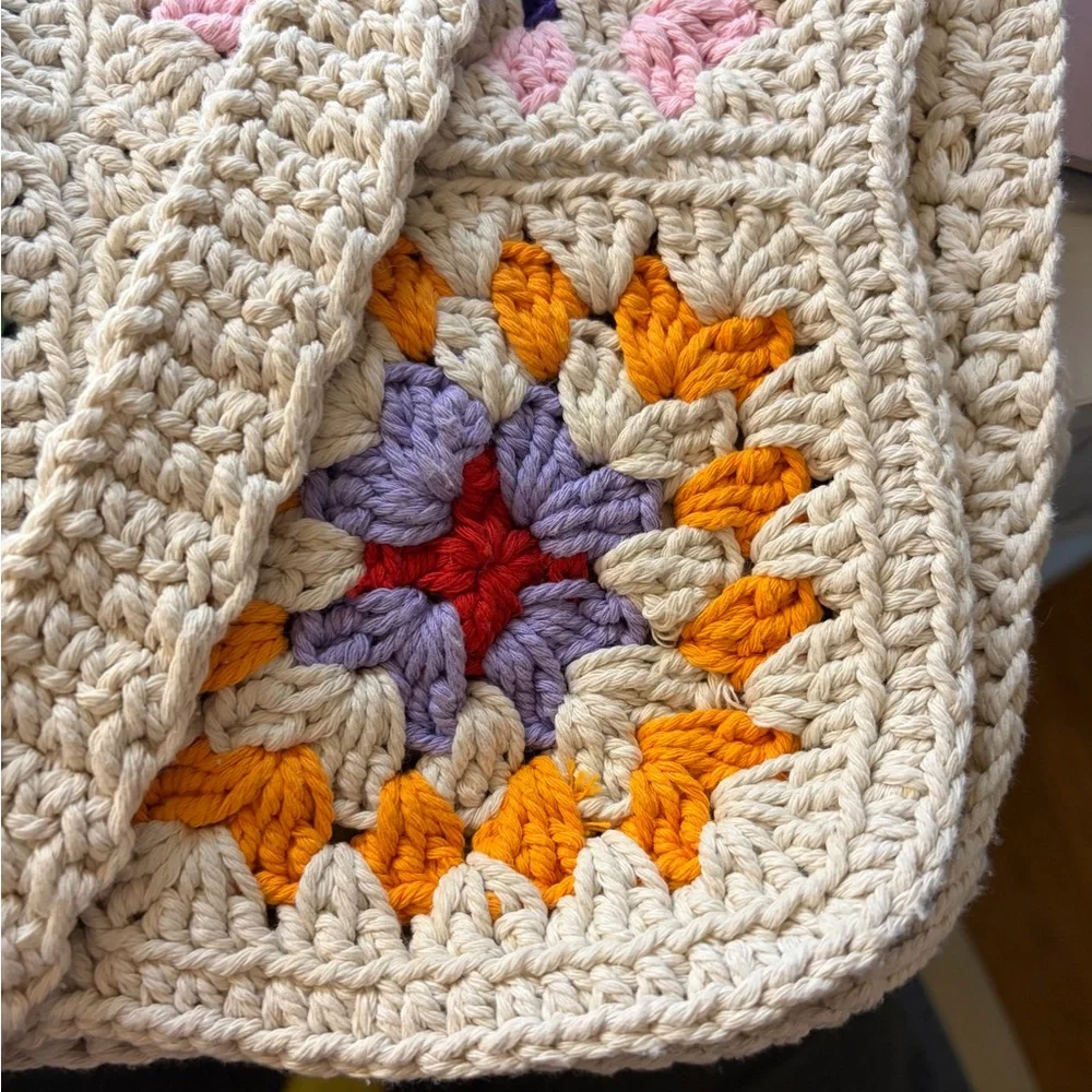 Multi-Color Medium Crean Crochet Macrame Shoulder Tote Bag